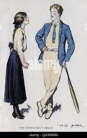 Portrait pastel intitulé le rêve de la jeune fille, avec une jeune femme admirant un membre réussi de l'équipe de cricket, du côté plus léger de la vie scolaire par Ian Hay (Foulis, 1914) illustré par Lewis Baumer Banque D'Images