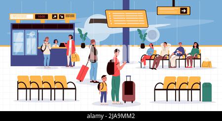 Voyager les gens avec les passagers attendant le vol dans le salon de l'aéroport ou de passage à l'illustration de vecteur plat d'enregistrement Illustration de Vecteur