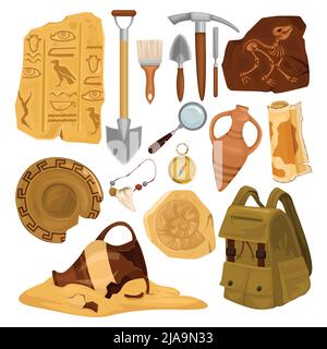 Avec ses icônes d'objets archéologiques anciens isolés avec des images d'outils de creusage et des éléments d'illustration de vecteur d'antiquité Illustration de Vecteur