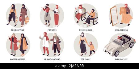 Compositions isométriques de mode musulmane avec des femmes vêtues de vêtements islamiques modestes et illustration vectorielle isolée du hijab Illustration de Vecteur