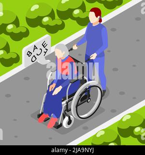 L'infirmière porte la vieille femme avec des symptômes de démence en fauteuil roulant isométrique fond 3D illustration vectorielle Illustration de Vecteur