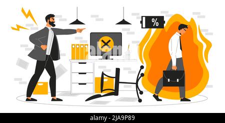 Composition à plat professionnelle avec surmenage avec patron rejetant l'employé mâle frustré épuisé de l'illustration de vecteur de travail Illustration de Vecteur