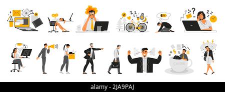 Professionnel syndrome de brunissage jeu plat agressif ou épuisé hommes et femmes caractères fatigués de travail isolé illustration de vecteur Illustration de Vecteur