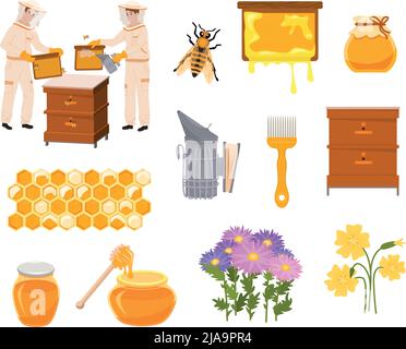 Ensemble de beekeeping plat avec des icônes colorées isolées de fleurs miel dans des boîtes et divers beekeekeepers stuff illustration vectorielle Illustration de Vecteur