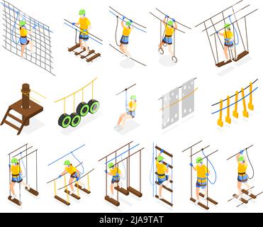 Parc d'activités de plein air icônes isométriques ensemble de personnes marchant à travers des obstructions de ropewalk illustration vectorielle isolée Illustration de Vecteur
