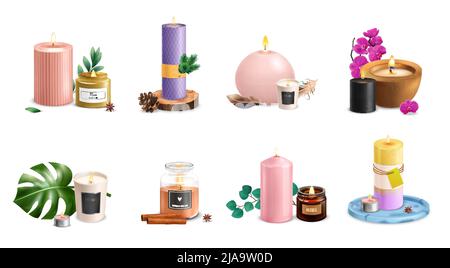 Ensemble réaliste avec bougies parfumées de différentes tailles de forme et de couleur avec feuilles vertes bâtons de cannelle anis pin cône fleurs vecteur isolé illustrat Illustration de Vecteur