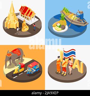 Thaïlande ensemble touristique avec quatre compositions isolées de plates-formes rondes avec symboles nationaux thaïlandais illustration vectorielle des monuments anciens Illustration de Vecteur