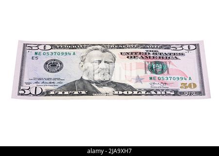 Billet de cinquante dollars isolé sur fond blanc, photo empilée. Banque D'Images