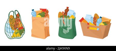 Panier boîte de sacs ensemble d'icônes isolées avec sacs de transport remplis de produits d'épicerie illustration vectorielle Illustration de Vecteur