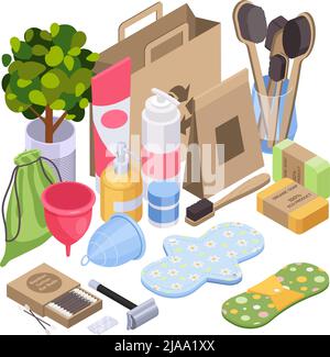 Concept de conception de vie durable zéro déchet avec des cosmétiques naturels et des articles de soins de santé illustration vectorielle isométrique Illustration de Vecteur