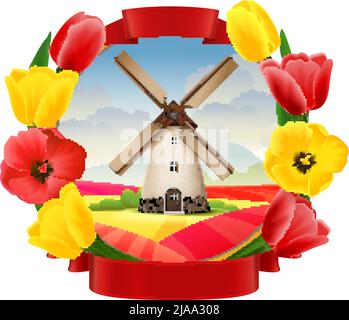 Ancien moulin emblème réaliste décoré avec cadre de fleurs de printemps rouges et jaunes illustration vectorielle isolée Illustration de Vecteur