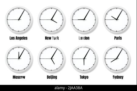 Horloge de bureau fuseaux horaires composition réaliste avec des horloges montrant l'heure autour du monde illustration vectorielle isolée Illustration de Vecteur