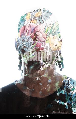 Peinture. Fleurs peintes à la main combinées à un portrait Banque D'Images
