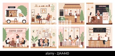 Café-restaurant, ensemble de compositions de couleurs isolées avec vue sur les personnes se rencontrant les unes les autres dans l'illustration de vecteur de café Illustration de Vecteur