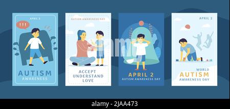 Ensemble de quatre cartes plates de la journée mondiale de sensibilisation à l'autisme isolées sur l'illustration vectorielle de fond couleur Illustration de Vecteur