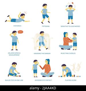 Des signes d'autisme plat ensemble avec l'enfant jouant seul tiptoeing évitant le contact des yeux allant dans les hystériques et d'autres symptômes isolés illustration de vecteur Illustration de Vecteur