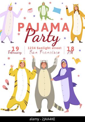 Pajama Party affiche d'invitation plate avec des personnages humains heureux portant kigurumi sur fond blanc illustration vectorielle Illustration de Vecteur