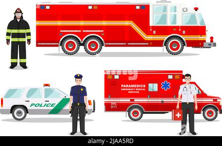Illustration détaillée d'un pompier, d'un médecin urgentiste, d'un policier avec camion d'incendie, d'une ambulance et d'une voiture de police de style plat sur fond blanc. Illustration de Vecteur