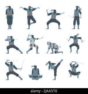Jeu de Ninja plat avec des personnages humains mâles de guerriers avec des armes dans diverses poses isolées contre l'illustration de vecteur blanc de fond Illustration de Vecteur