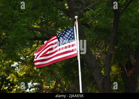 Un drapeau américain soufflant dans la brise sur une belle matinée du 4th juillet à Minnesota, Etats-Unis Banque D'Images