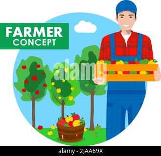 Illustration détaillée d'un jardinier fermier en combinaison sur fond avec pommiers en style plat. Illustration vectorielle. Illustration de Vecteur