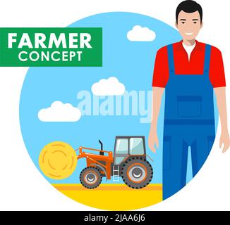 Concept de récolte. Illustration détaillée du conducteur, de l'agriculteur et du travailleur en combinaison sur fond avec le tracteur dans le champ à plat. Illustration vectorielle Illustration de Vecteur