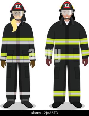 Couple de pompiers isolés sur fond blanc. Ensemble de pompier et de pompier debout ensemble. Mignon et simple dans un style plat. Illustration de Vecteur