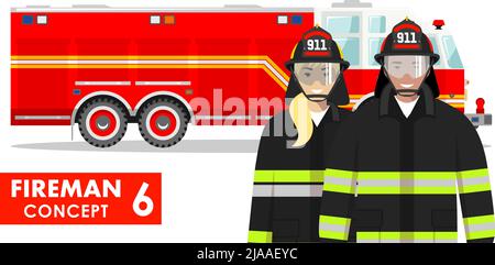 Couple de pompier et de pompier en uniforme debout ensemble sur fond avec camion de feu dans le style plat sur fond blanc. Illustration de Vecteur