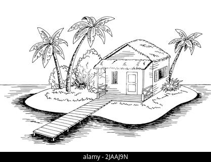 Island House Beach graphique noir blanc isolé paysage esquisse illustration vecteur Illustration de Vecteur