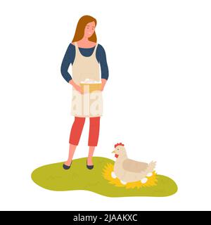 Femme paysanne tenant le panier plein d'oeufs. Illustration vectorielle de l'agriculture écologique de la volaille et du bétail Illustration de Vecteur