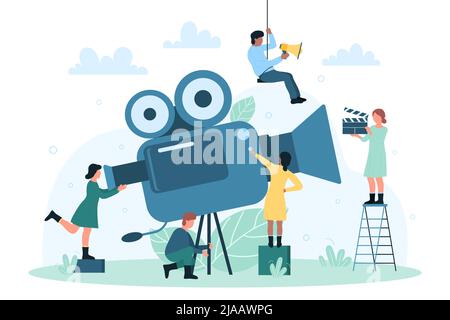 Processus d'enregistrement vidéo, production cinématographique. Une équipe professionnelle de personnages de petite taille avec un tableau de bord et un appareil photo pour réaliser des illustrations vectorielles plates. Vidéographie, notion de cinématographie Illustration de Vecteur