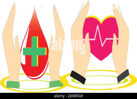 Le sang et le coeur dans deux mains logo de vecteur de santé. Modèle vectoriel Illustration de Vecteur
