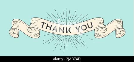 Merci. Ruban vintage Old School, carte de vœux rétro avec ruban, texte Merci. Ancienne bannière ruban merci dans le style de gravure. Ruban vintage pour bannière, affiche, Web. Illustration vectorielle Illustration de Vecteur