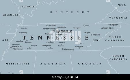 Tennessee, TN, carte politique grise, avec la capitale Nashville, et avec grand, villes importantes. État du Tennessee, situé dans la région sud-est. Banque D'Images