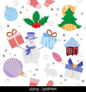 Joyeux nouvel an 2023 joyeux Noël Vector sans coutures cadeaux, chaussettes de Noël, sapin de Noël, GUI, bonhomme de neige, Décorations de Noël, lapin, franges Illustration de Vecteur