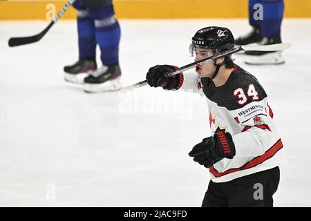 Tampere, Finlande. 29th mai 2022. Cole Sillinger du Canada en action lors du match de médaille d'or du Championnat du monde de hockey sur glace 2022 de l'IIHF entre le Canada et la Finlande, Tampere (Finlande), le 29 mai 2022. Crédit : Michal Kamaryt/CTK photo/Alay Live News Banque D'Images