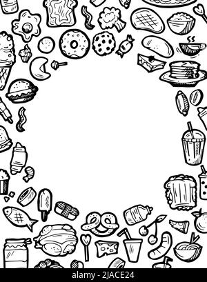 Ensemble d'aliments sous forme d'ellipse. Cadre de bordure. Petits pains et plats à base de viande. Contour du dessin à la main. Isolé sur fond blanc. Mise en plan monochrome Illustration de Vecteur