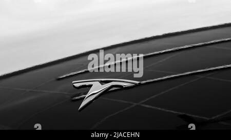 Minsk, Bélarus - 23 mai 2022 : Tesla. Logo chromé sur le capot de la voiture. Monochrome. Gros plan Banque D'Images