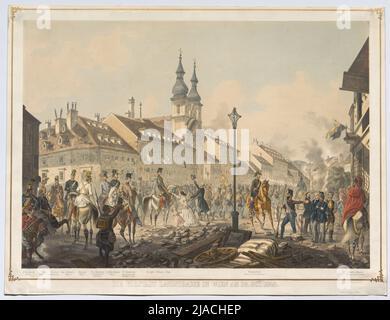 'La banlieue de Landstrasse à Vienne le 28 octobre 1848.' (Entrée par Joseph Graf Jelačić sur Landstraßer Hauptstraße avec le colonel Graf Sermage, Rittmeister Joseph Cerini, Hauptmann Kottas, le major Anton Jelačić, le major général Karl Ritter von Zeisberg, le major von Habermann, le lieutenant Graf Hombert, le colonel du général Stabil et Albert Jelačić Hauptamann). Franz Xaver Zalder (* 1815), lithographe, Johann Rauh (1803-1863), imprimeur Banque D'Images