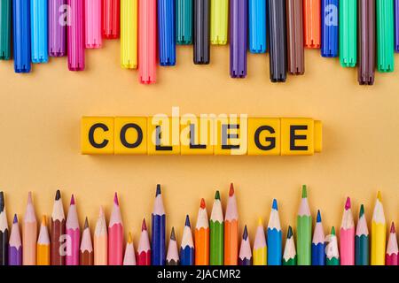 Jeu de crayons de couleur et de lettres d'université écrits sur des cubes jaunes. Éducation et connaissances. Banque D'Images