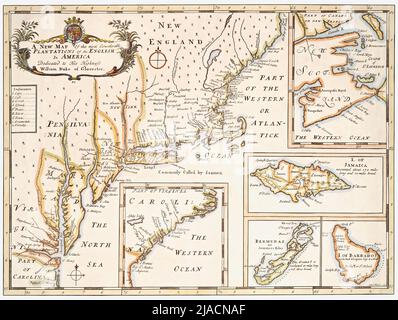 Titre: Une nouvelle carte des plantations les plus considérables de l'anglais en Amérique. Il s'agit d'une reproduction restaurée d'une carte antique qui présente une représentation précoce des colonies britanniques en Amérique du Nord au début de 1700s. Les Insets montrent des cartes des Bermudes, de la Barbade, des Carolinas, de la Jamaïque et de la Nouvelle-Écosse. Banque D'Images