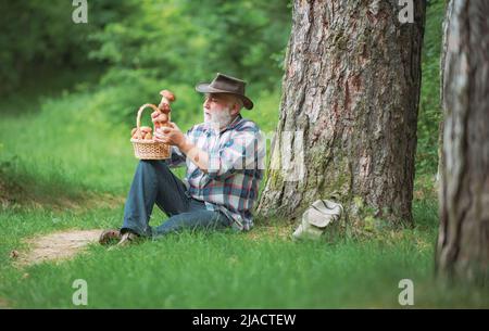 Grand-père heureux - été et passe-temps. Vieux marcheur. Grand-père pensionné. Randonnée senior en forêt. Printemps et loisirs. Cueillette de champignons dans la nature Banque D'Images