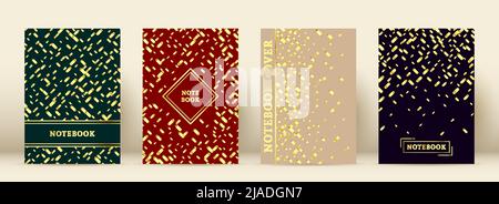 Ensemble de bandes dorées Memphis à couverture géométrique. Luxuriant résumé emballage fond serpentin confetti noble ombre cadeau d'affaires. Moderne brillant livre journal album flyer bloc-notes couleur métallique de luxe Illustration de Vecteur