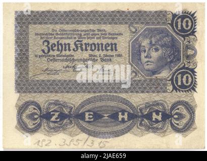 Billet de banque, 10 couronnes. Rudolf Rössler (1864-1934), artiste, Rudolf Junk (1880-1943), artiste, Banque autrichienne-hongroise de gestion autrichienne, MINT Authority Banque D'Images