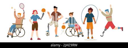 Athlète sportif personnes avec des handicaps différents. Illustration vectorielle plate de personnages actifs avec prothèse et en fauteuil roulant, jouer au basket-ball, tennis et football, jogging Illustration de Vecteur