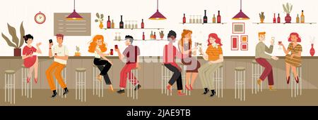 Diverses personnes boivent de l'alcool au bar. Illustration vectorielle à plat de l'intérieur du restaurant ou du café avec comptoir de bar, hommes et femmes assis sur des tabourets avec du vin, de la bière et du champagne Illustration de Vecteur