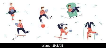 L'homme travaille sur un ordinateur portable et maintient l'équilibre dans différentes poses. Illustration vectorielle à plat de la main d'œuvre sur la balançoire de mer, suspendue à l'envers et sur le skateboard Illustration de Vecteur