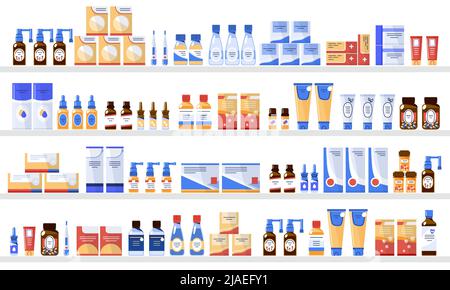 Différents produits de médecine dans le magasin de pharmacie sur les étagères.vecteur plat Illustration de Vecteur