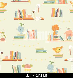 Motif sans couture avec adorable animaux lisant des livres sur les étagères Illustration de Vecteur