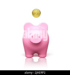 Vue de face de la piggy rose avec pièce d'or tombant. Concept d'économie d'argent. 3D joli cochon réaliste. Illustration vectorielle Illustration de Vecteur